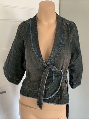 Washed Black Denim Wrap Jacket with Blue Piping